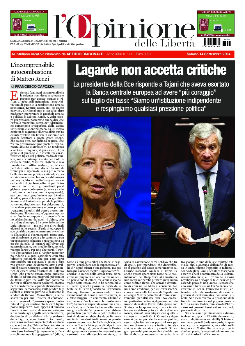 Prima-pagina-opinione della liberta-edizione-di-oggi-2024-09-16